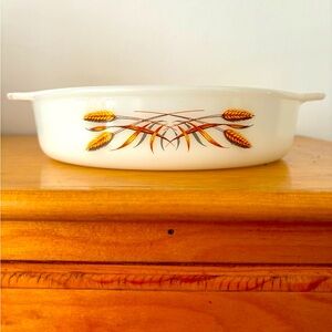 Vintage Fire King 8" Round Opaque Baking Dish Wheat Design #450 Anchor Hocking